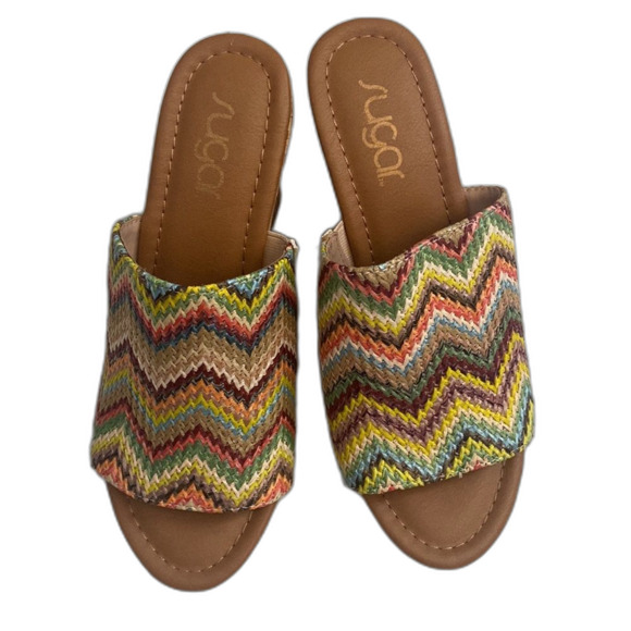 Sugar Haruki Wedge Slip On Sandal Cork Multicolor Woven Peep Toe Size 7M - Picture 2 of 6
